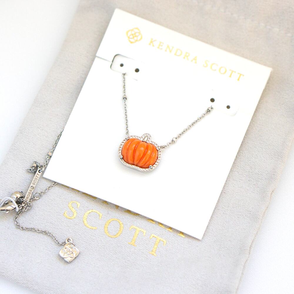 Kendra Scott Pumpkin Silver Short Pendant Necklace in Orange Mother of Pearl